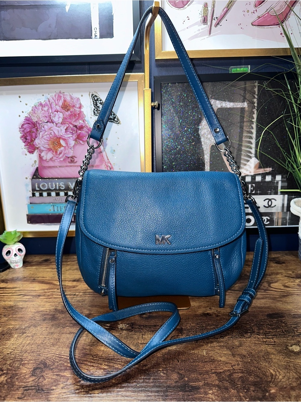 Michael Kors Evie Pebbled Leather Convertible Crossbody Teal Blue